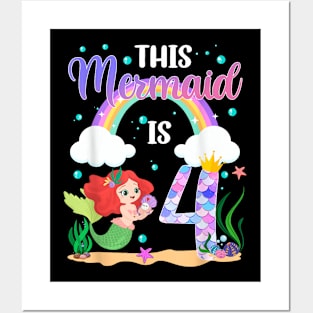 4Th Birthday Girl Mermaid 4 Year Old Party Mermaid Rainbow Posters and Art